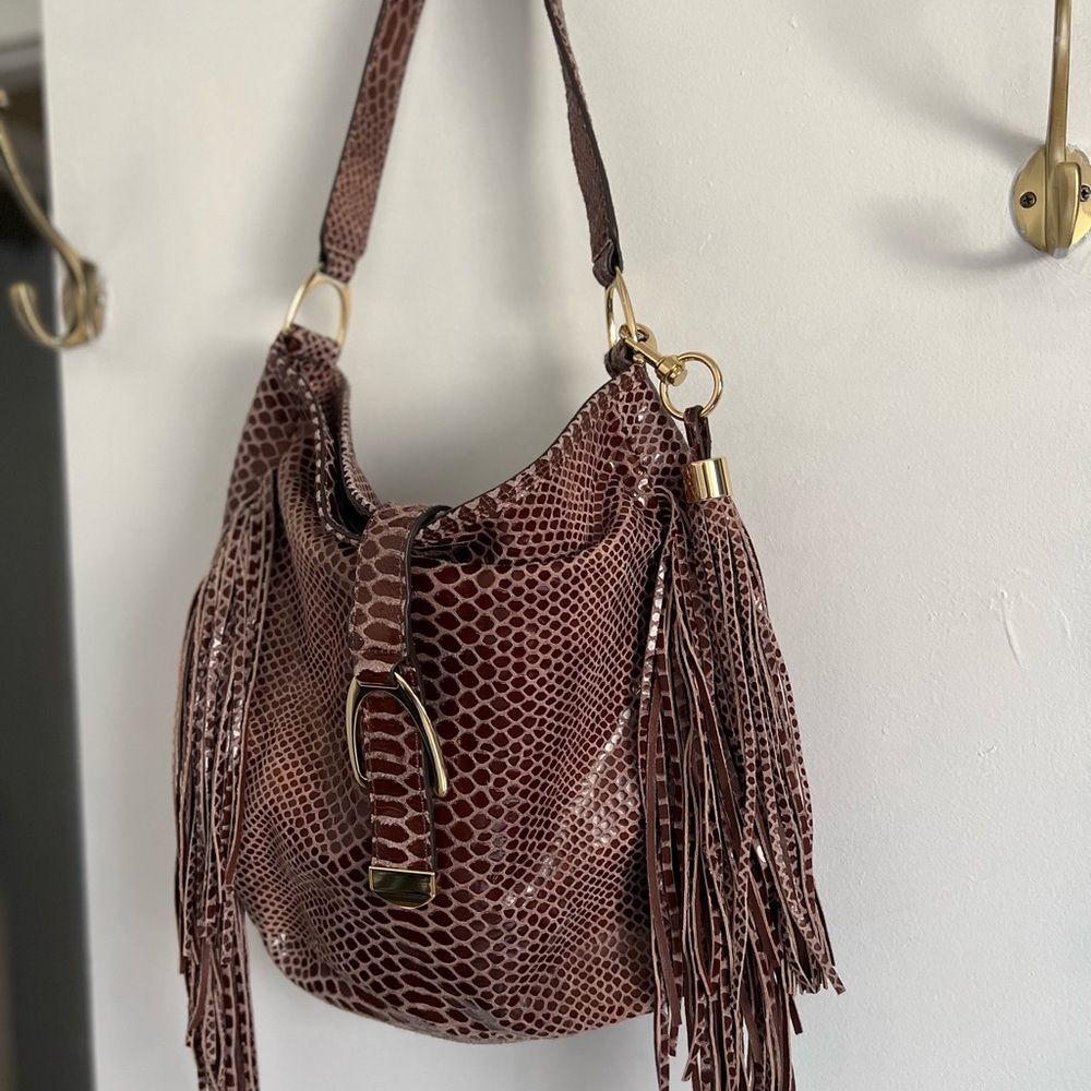 G.I.L.I. Red Hobo Bag with Fringe and Textured Design